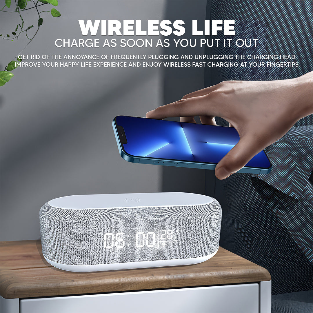 Bluetooth Speaker with 15W Wireless Charging – LED Clock, Alarm, RGB Night Light