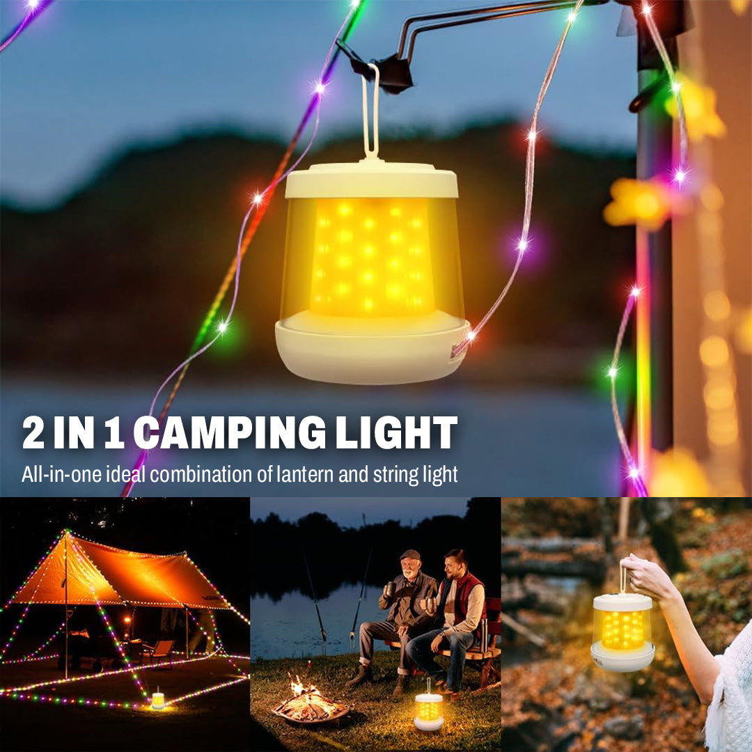 Camping Lantern with Power Bank – 3 Light Modes, IPX4 Waterproof, RGB String Lights