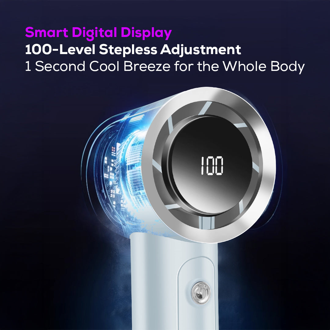 Handheld Turbo Fan with LCD Display – 100-Level Speed Control, High-Speed Cooling & Silent Brushless Motor