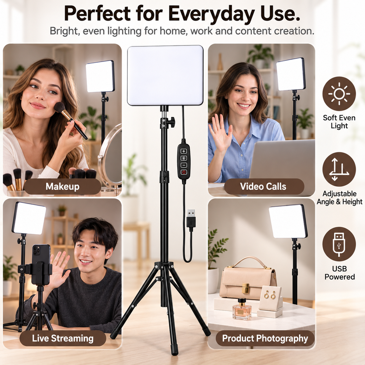 LED Fill Light with Adjustable Tripod Stand, USB Powered Dimmable Panel Light with 3 Lighting Modes, Portable Video Light for Live Streaming, Makeup, Photography, Content Creation & Video Calls
