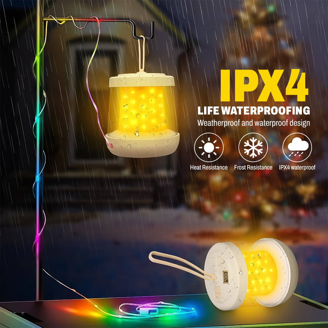 Camping Lantern with Power Bank – 3 Light Modes, IPX4 Waterproof, RGB String Lights