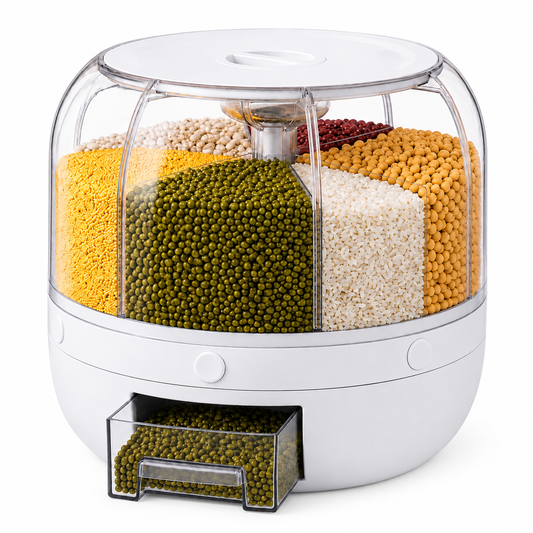 6 Compartment Rotating Dry Food Dispenser with Pull-Out Drawer – Rice, Cereal, Grain & Bean Storage Container