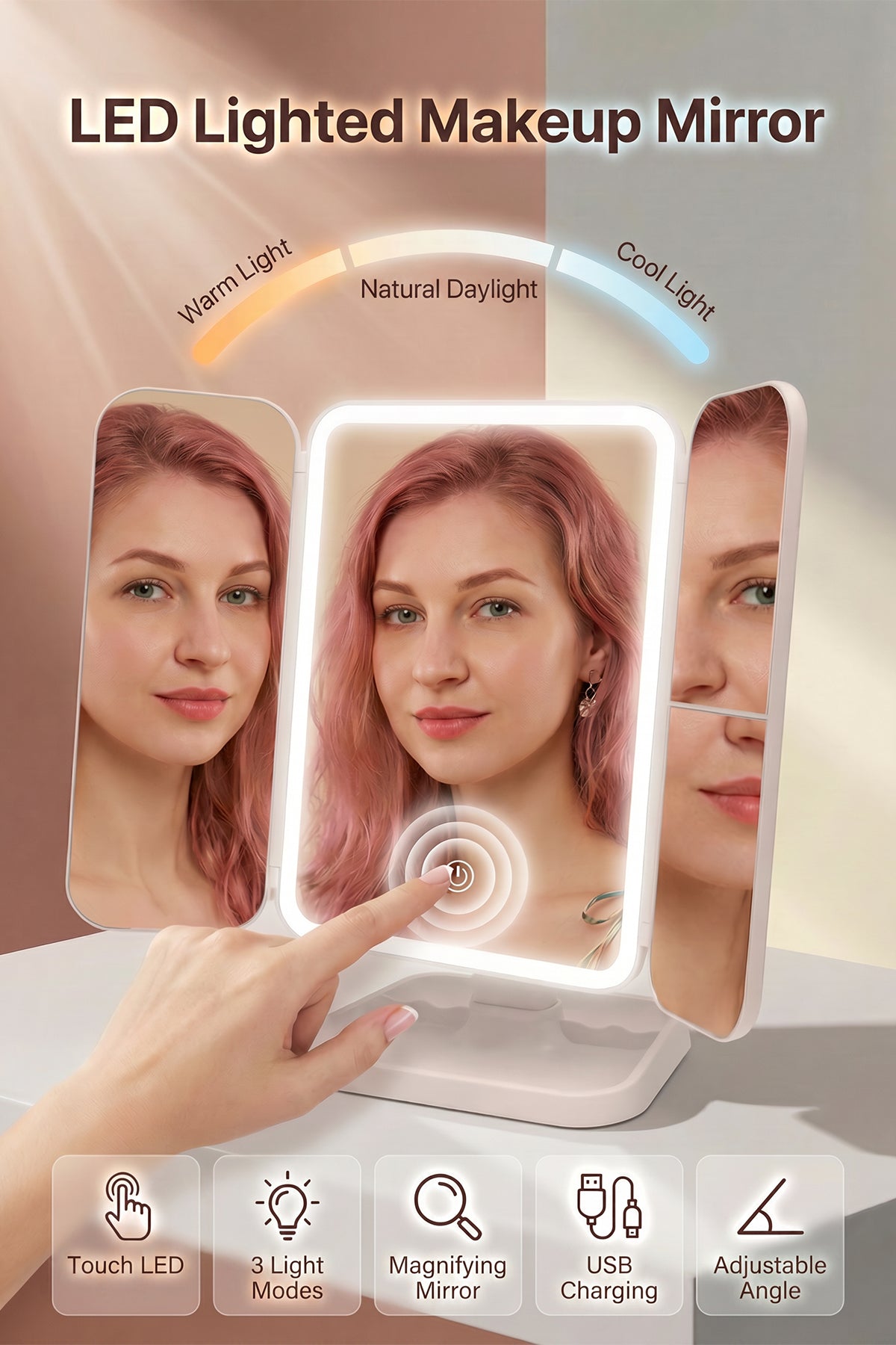 Rechargeable LED Makeup Mirror with 3 Light Modes, 2X-3X Magnification and Folding Side Mirrors