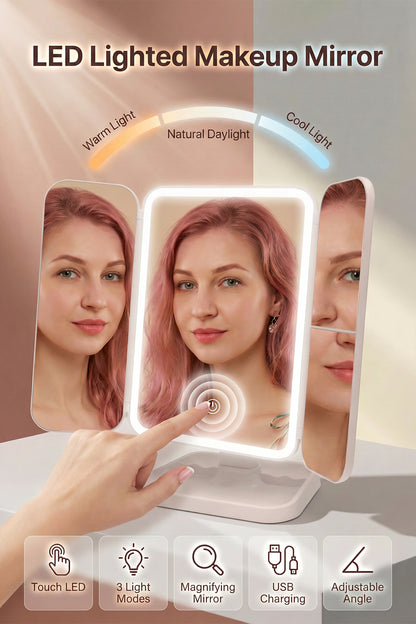 Rechargeable LED Makeup Mirror with 3 Light Modes, 2X-3X Magnification and Folding Side Mirrors
