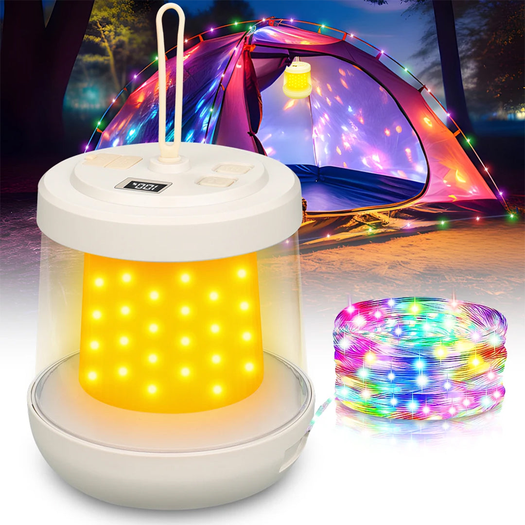 Camping Lantern with Power Bank – 3 Light Modes, IPX4 Waterproof, RGB String Lights