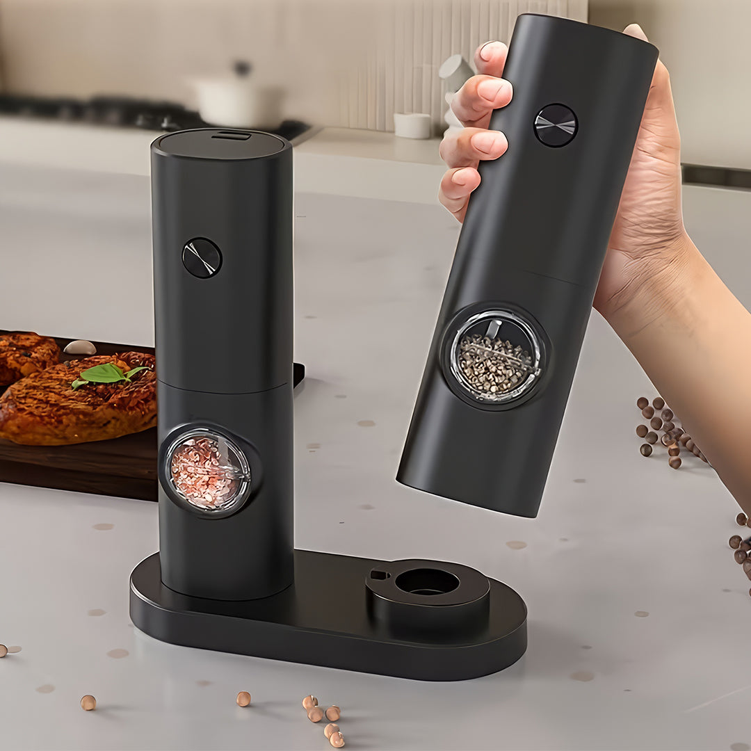 Salt & Pepper Grinder Set – 5 Levels Adjustable , Battery Operated with Stand