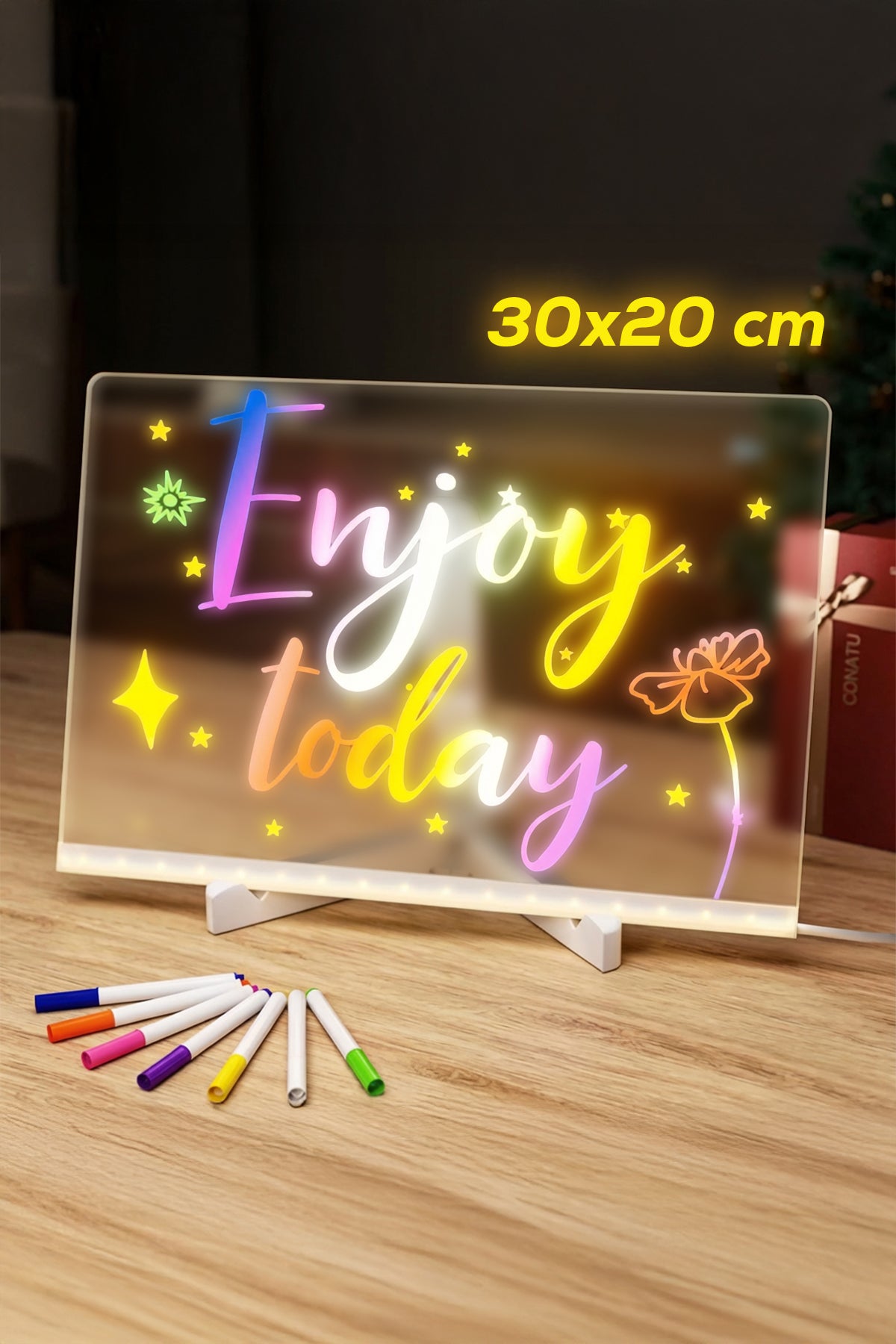 30 x 20 cm LED Acrylic Message Board with 7 Colour Pens, USB Light Up Drawing Board and Adjustable Stand