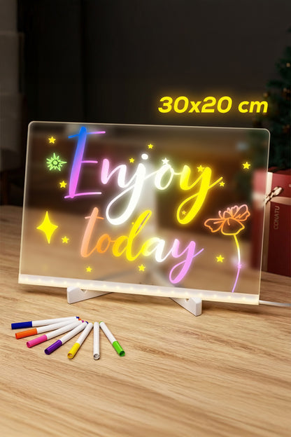30 x 20 cm LED Acrylic Message Board with 7 Colour Pens, USB Light Up Drawing Board and Adjustable Stand