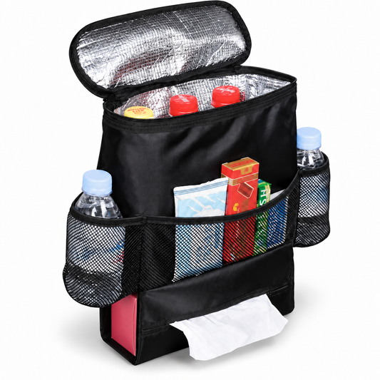 Portable Insulated Car Seat Back Organizer Cooler Bag for Food and Drinks with Mesh Pockets