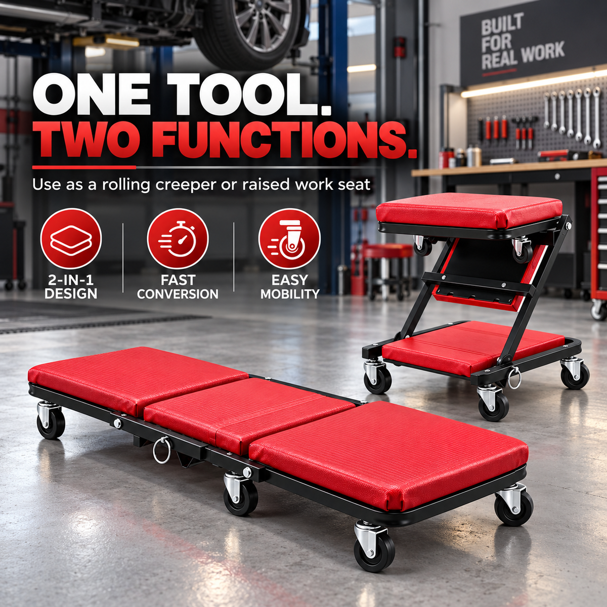 2 in 1 Mechanic Creeper Seat, Convertible Rolling Garage Creeper & Work Stool, Padded Car Repair Seat with Steel Frame and Swivel Castors