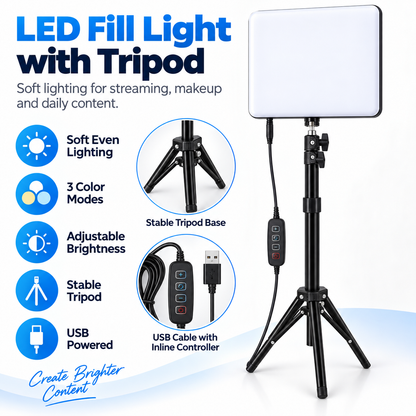 LED Fill Light with Adjustable Tripod Stand, USB Powered Dimmable Panel Light with 3 Lighting Modes, Portable Video Light for Live Streaming, Makeup, Photography, Content Creation & Video Calls