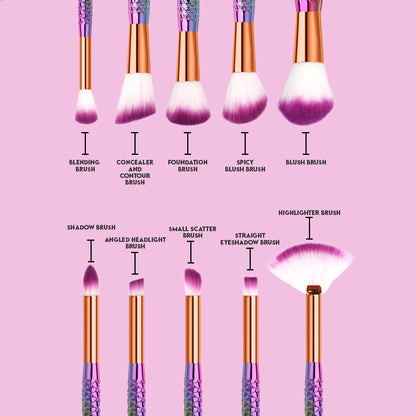 10 PCS Mermaid Synthetic Makeup Brush Set (Multicolour)