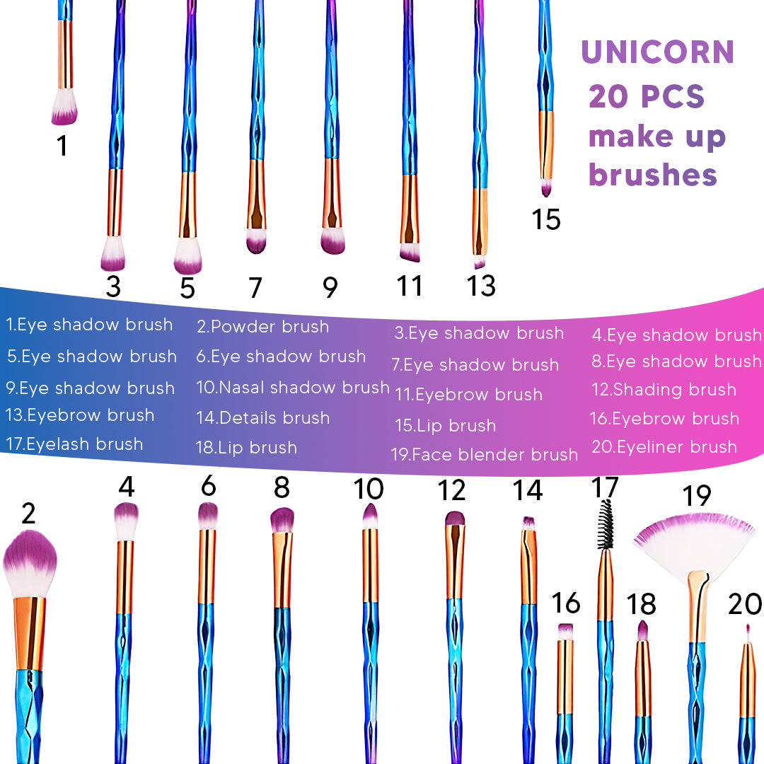 20 PCS Unicorn Makeup Brush Set (Purple-Dark Blue)