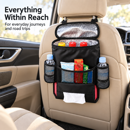 Portable Insulated Car Seat Back Organizer Cooler Bag for Food and Drinks with Mesh Pockets