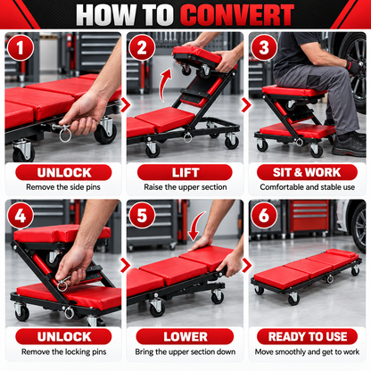 2 in 1 Mechanic Creeper Seat, Convertible Rolling Garage Creeper & Work Stool, Padded Car Repair Seat with Steel Frame and Swivel Castors