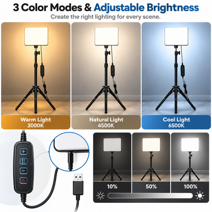 LED Fill Light with Adjustable Tripod Stand, USB Powered Dimmable Panel Light with 3 Lighting Modes, Portable Video Light for Live Streaming, Makeup, Photography, Content Creation & Video Calls