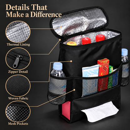 Portable Insulated Car Seat Back Organizer Cooler Bag for Food and Drinks with Mesh Pockets