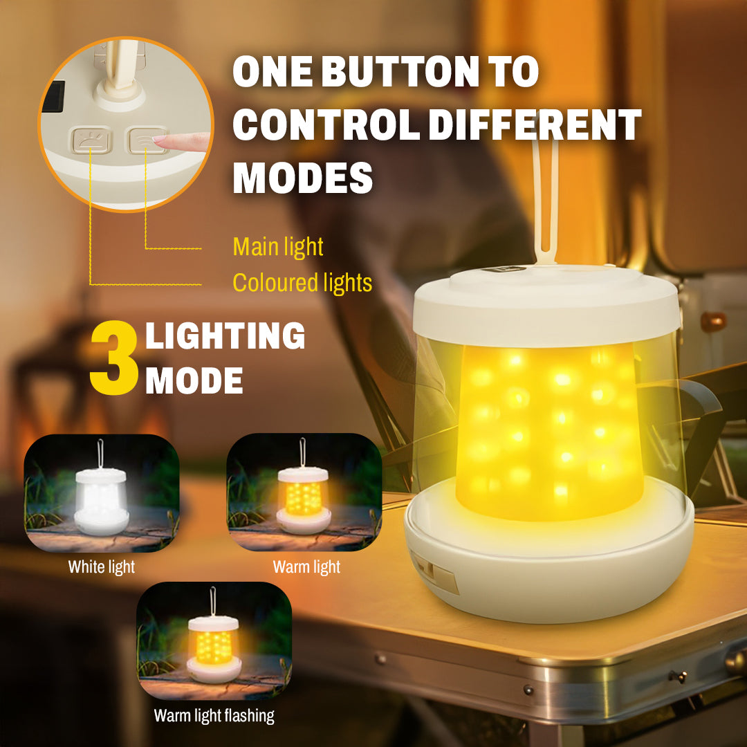 Camping Lantern with Power Bank – 3 Light Modes, IPX4 Waterproof, RGB String Lights