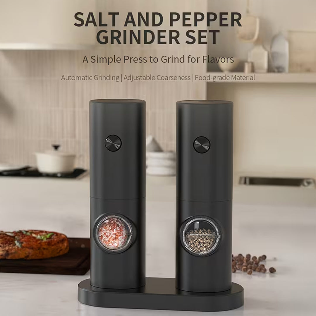 Salt & Pepper Grinder Set – 5 Levels Adjustable , Battery Operated with Stand