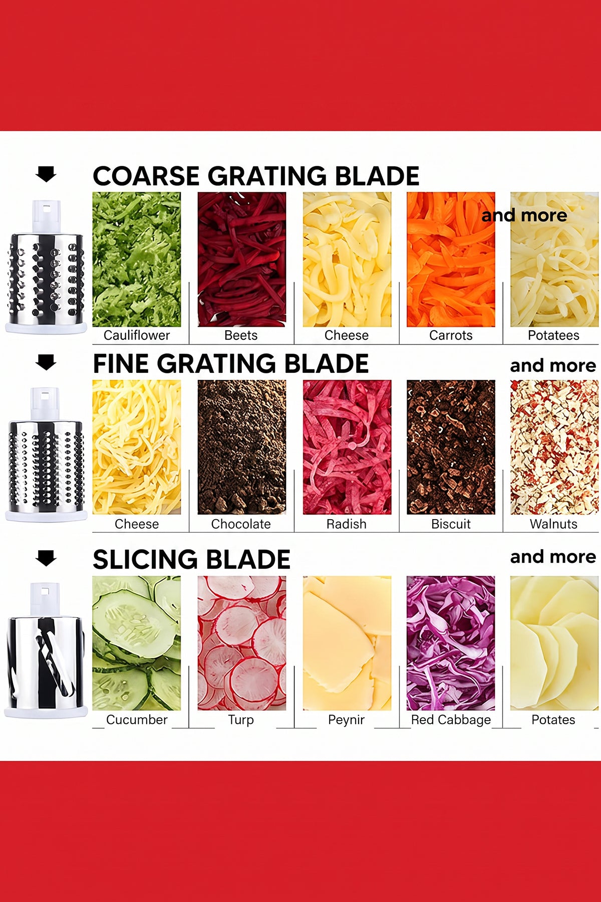 Manual Fruit & Vegetable Slicer Grater with 3 Attachments and Suction Base