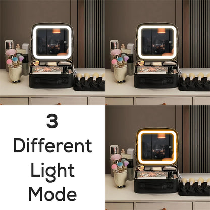 LED Makeup Organizer Case with Lighted Mirror and Adjustable Compartments