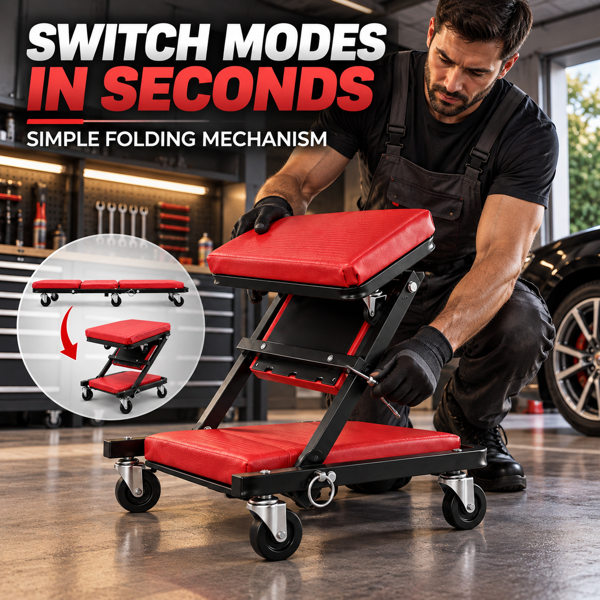 2 in 1 Mechanic Creeper Seat, Convertible Rolling Garage Creeper & Work Stool, Padded Car Repair Seat with Steel Frame and Swivel Castors