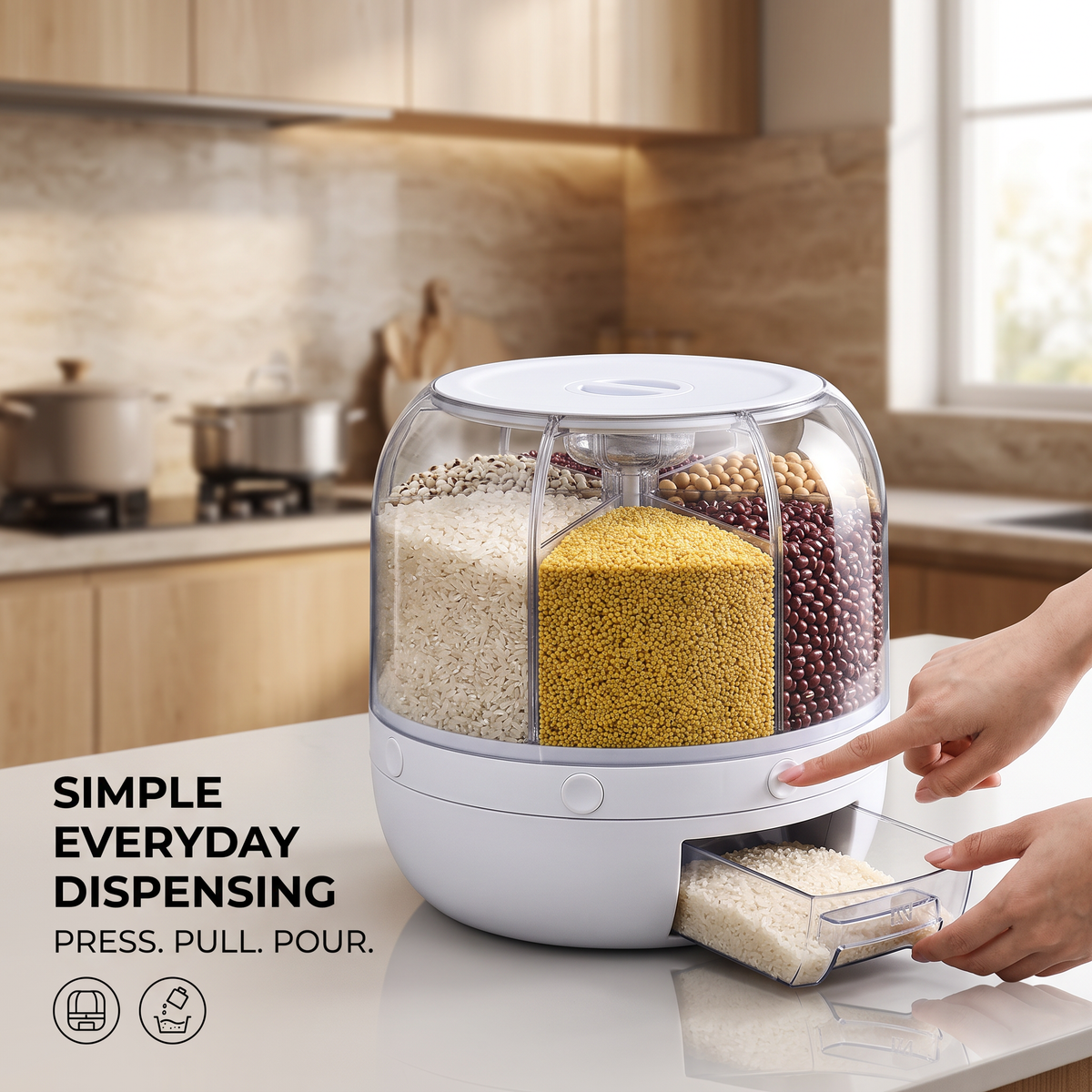 6 Compartment Rotating Dry Food Dispenser with Pull-Out Drawer – Rice, Cereal, Grain & Bean Storage Container