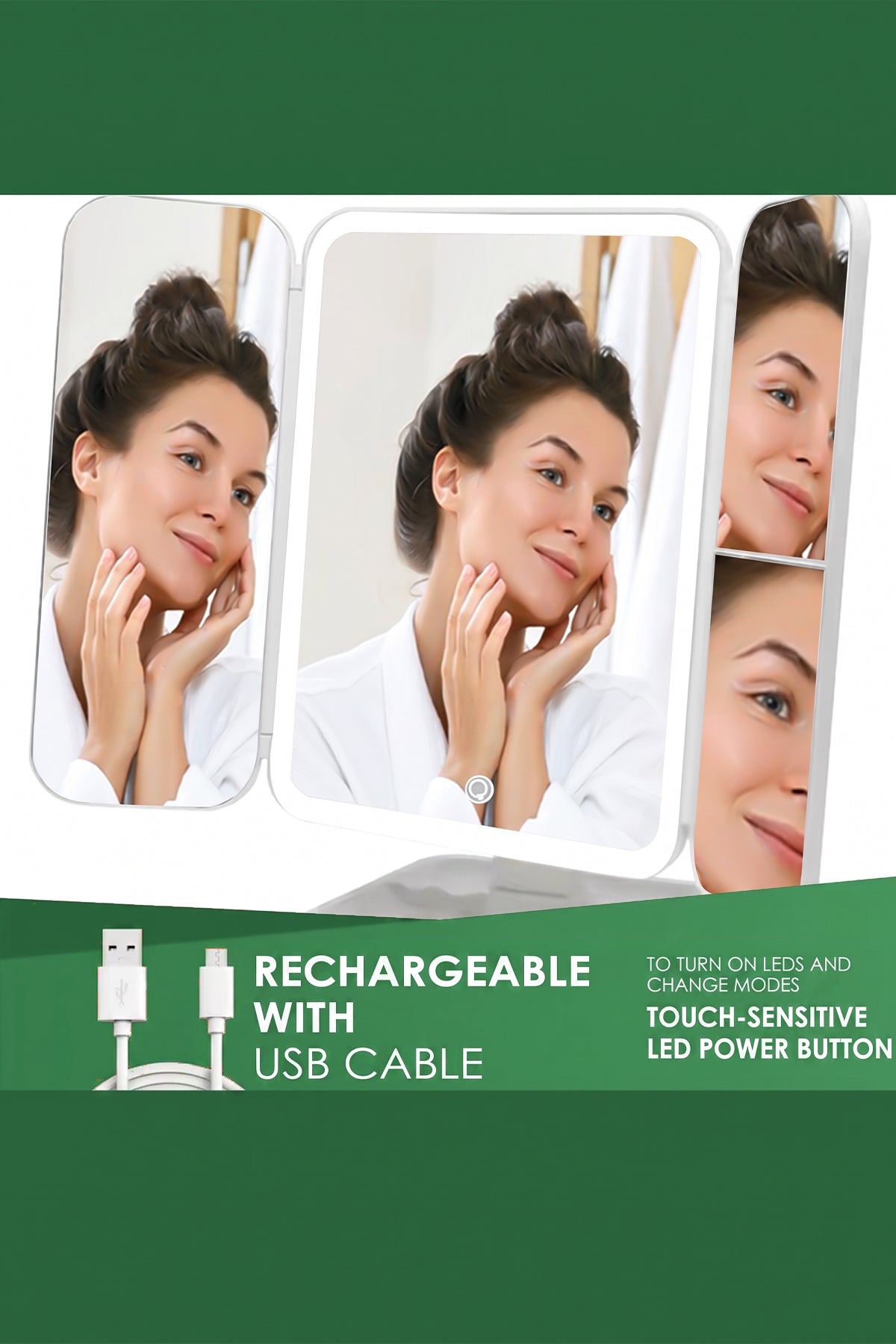 Rechargeable LED Makeup Mirror with 3 Light Modes, 2X-3X Magnification and Folding Side Mirrors