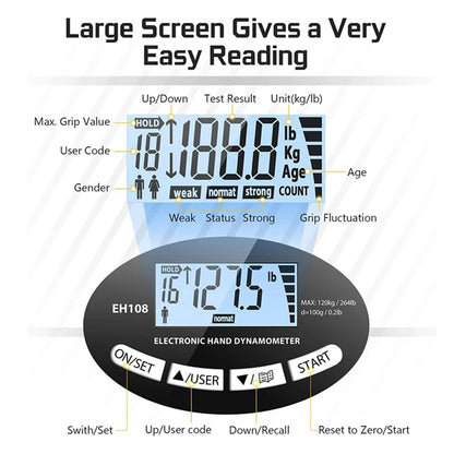 120kg Digital Hand Dynamometer Electronic Grip Strength Tester with LCD Display Adjustable Hand Grip Meter for Fitness