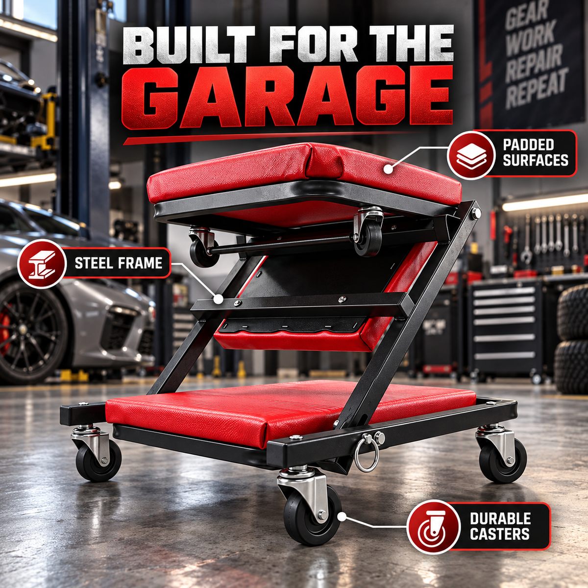 2 in 1 Mechanic Creeper Seat, Convertible Rolling Garage Creeper & Work Stool, Padded Car Repair Seat with Steel Frame and Swivel Castors