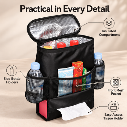 Portable Insulated Car Seat Back Organizer Cooler Bag for Food and Drinks with Mesh Pockets