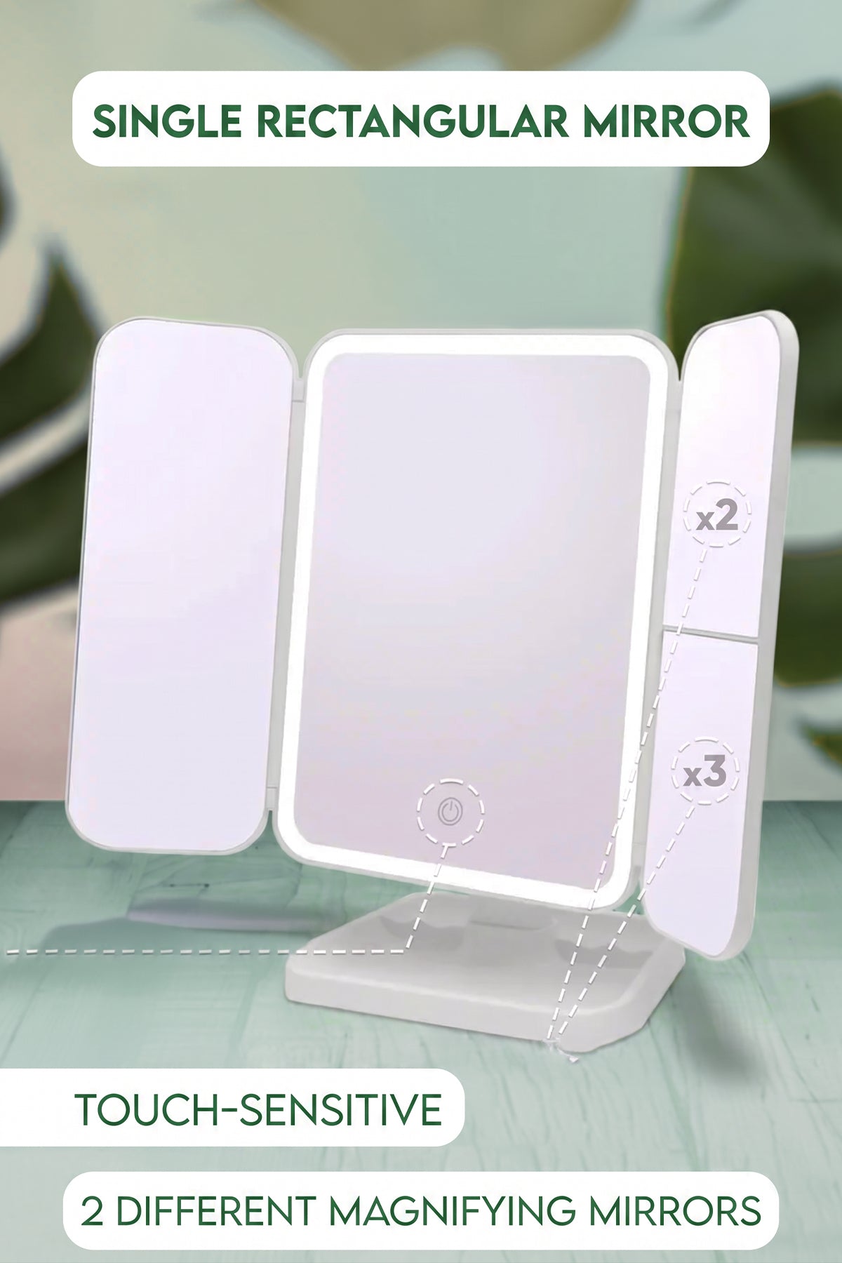Rechargeable LED Makeup Mirror with 3 Light Modes, 2X-3X Magnification and Folding Side Mirrors