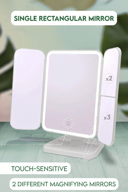 Rechargeable LED Makeup Mirror with 3 Light Modes, 2X-3X Magnification and Folding Side Mirrors