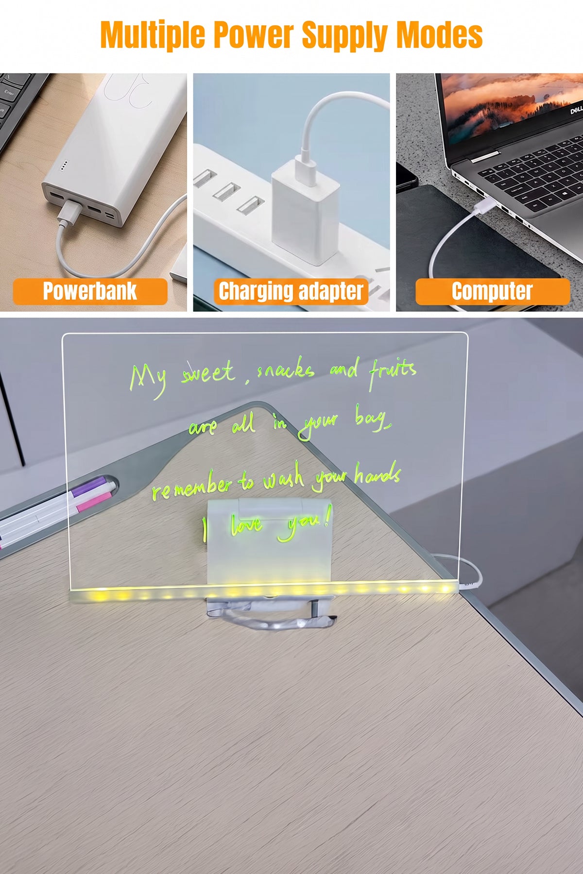 30 x 20 cm LED Acrylic Message Board with 7 Colour Pens, USB Light Up Drawing Board and Adjustable Stand