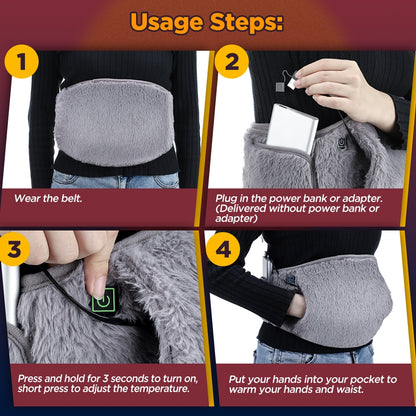 USB Heated Waist & Hand Warmer Belt with 3 Heat Levels – Soft Crystal Velvet Heating Wrap with Power Bank Pocket