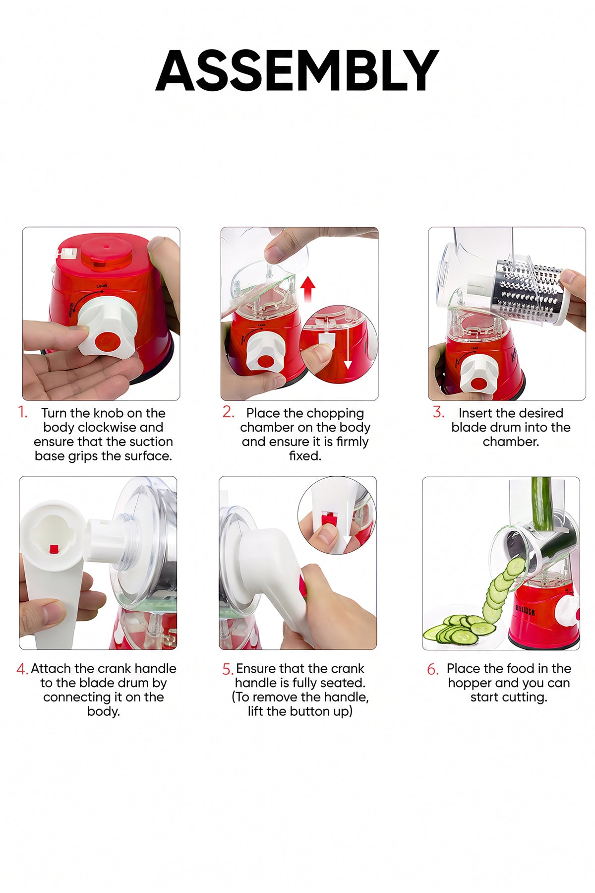 Manual Fruit & Vegetable Slicer Grater with 3 Attachments and Suction Base