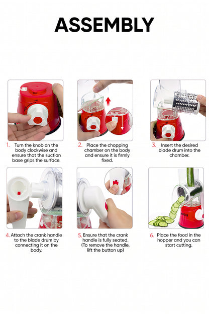 Manual Fruit & Vegetable Slicer Grater with 3 Attachments and Suction Base
