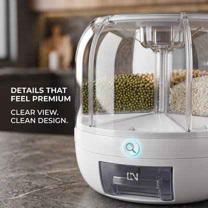 6 Compartment Rotating Dry Food Dispenser with Pull-Out Drawer – Rice, Cereal, Grain & Bean Storage Container