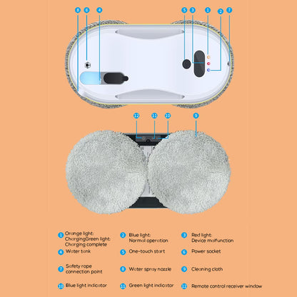 Automatic Window Cleaning Robot with Dual Rotating Pads and Safety Rope