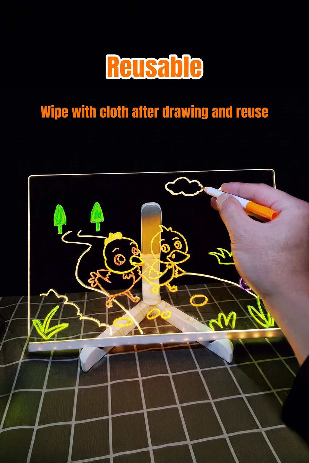 30 x 20 cm LED Acrylic Message Board with 7 Colour Pens, USB Light Up Drawing Board and Adjustable Stand