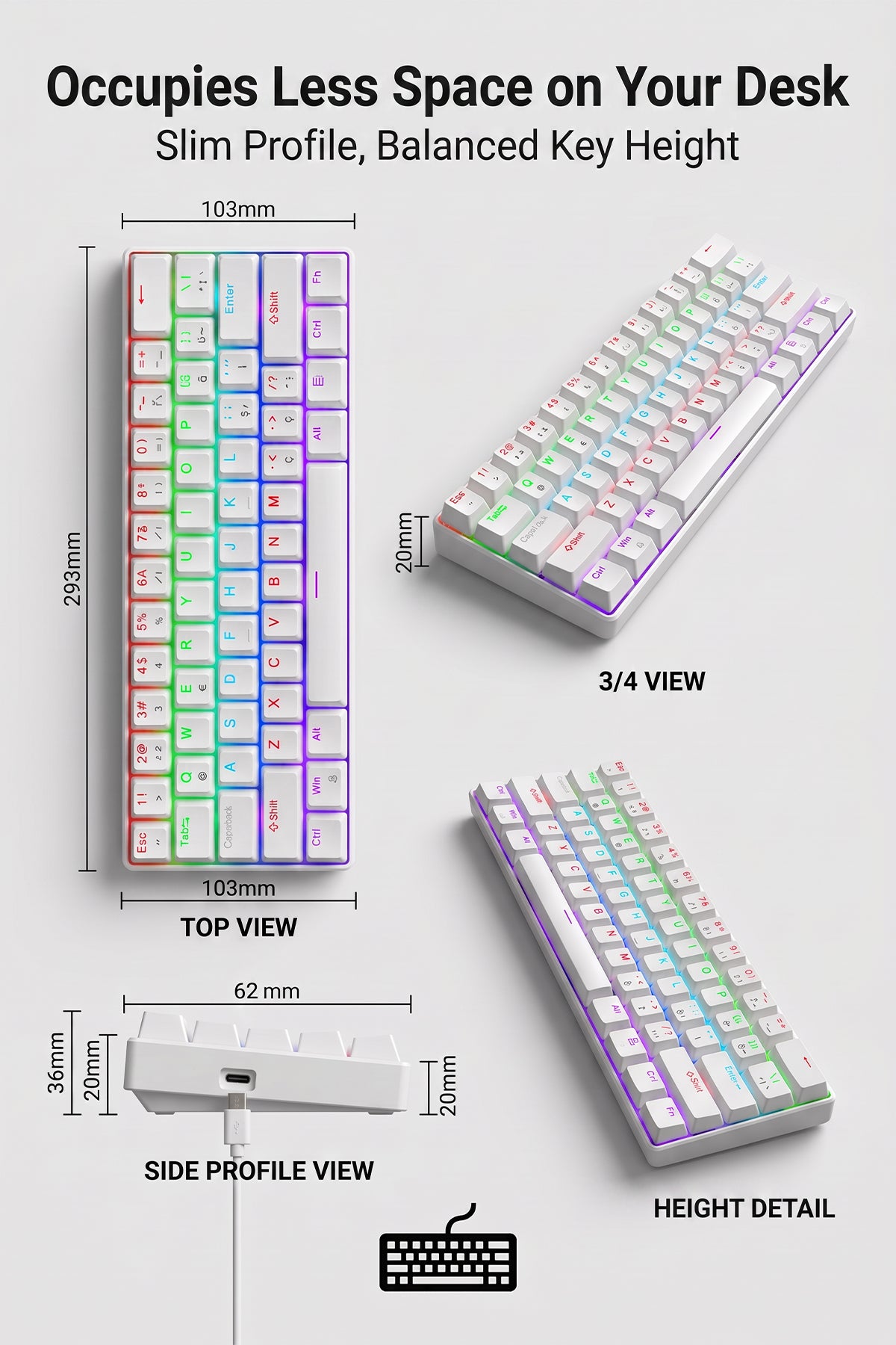 62-Key Mechanical Gaming Keyboard with 12 RGB Modes, Wired USB Compact Keyboard for PC and Laptop