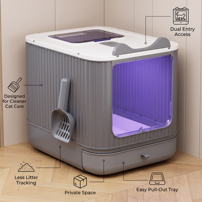 Enclosed Cat Litter Box with Top & Front Entry, Pull-Out Tray and Scoop, Mess-Reducing Indoor Cat Toilet