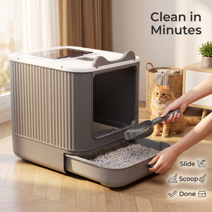 Enclosed Cat Litter Box with Top & Front Entry, Pull-Out Tray and Scoop, Mess-Reducing Indoor Cat Toilet