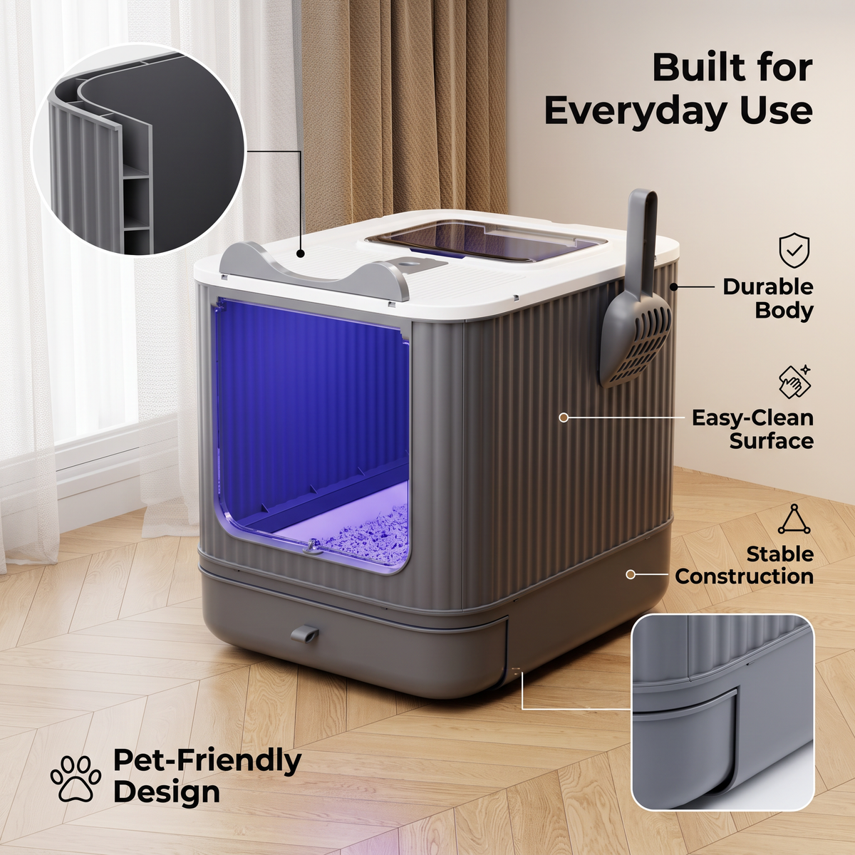 Enclosed Cat Litter Box with Top & Front Entry, Pull-Out Tray and Scoop, Mess-Reducing Indoor Cat Toilet