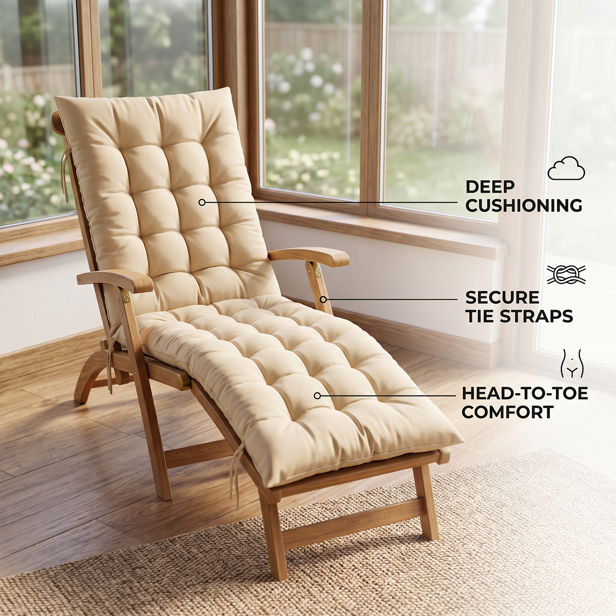 Beige Recliner Chair Cushion with Tie Straps – Soft Padded Full Length Fabric Seat Pad for Garden, Patio & Lounge Chairs 155*48 CM