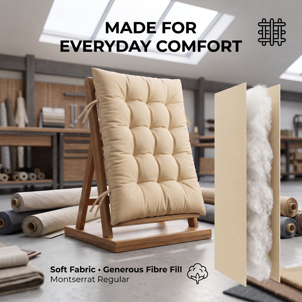 Beige Recliner Chair Cushion with Tie Straps – Soft Padded Full Length Fabric Seat Pad for Garden, Patio & Lounge Chairs 155*48 CM