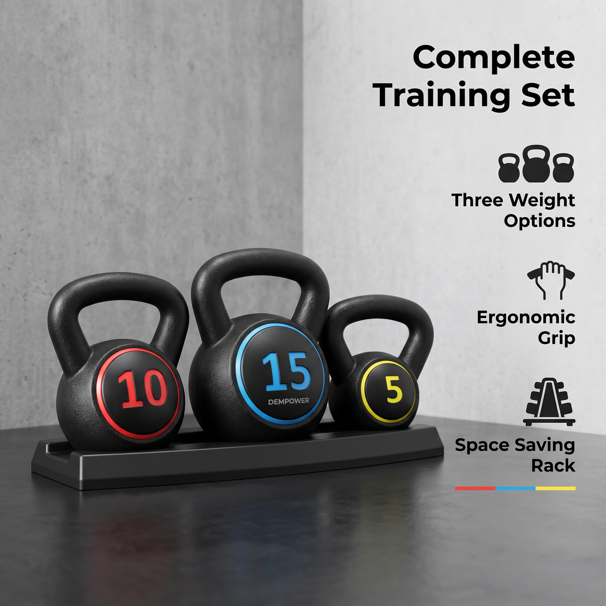 Kettlebell Set with Rack, 3 Weight Options, Ergonomic Grip, Home Workout Training Set