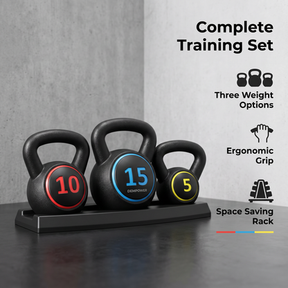 Kettlebell Set with Rack, 3 Weight Options, Ergonomic Grip, Home Workout Training Set