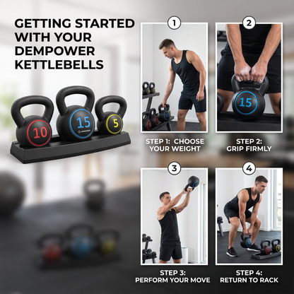 Kettlebell Set with Rack, 3 Weight Options, Ergonomic Grip, Home Workout Training Set