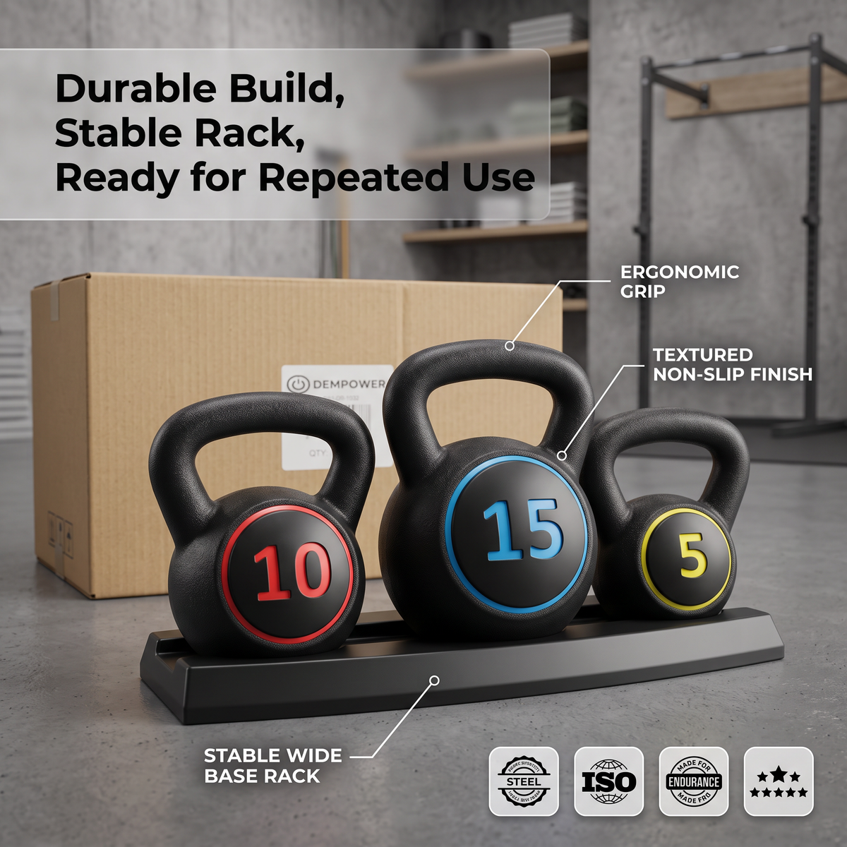 Kettlebell Set with Rack, 3 Weight Options, Ergonomic Grip, Home Workout Training Set